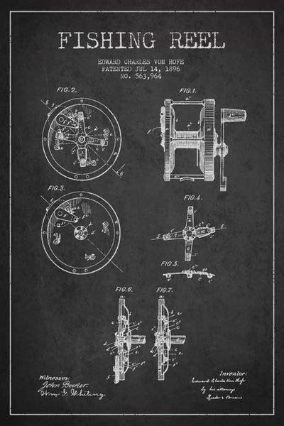Fishing: Fishing Reel Dark Patent Blueprint by Aged Pixel