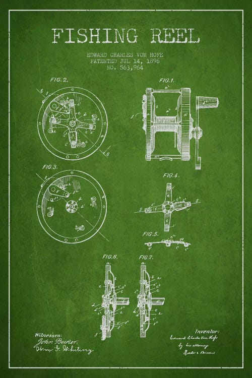 Fishing Reel Green Patent Blueprint by Aged Pixel wall art