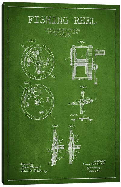 Fishing Reel Green Patent Blueprint Canvas Art Print