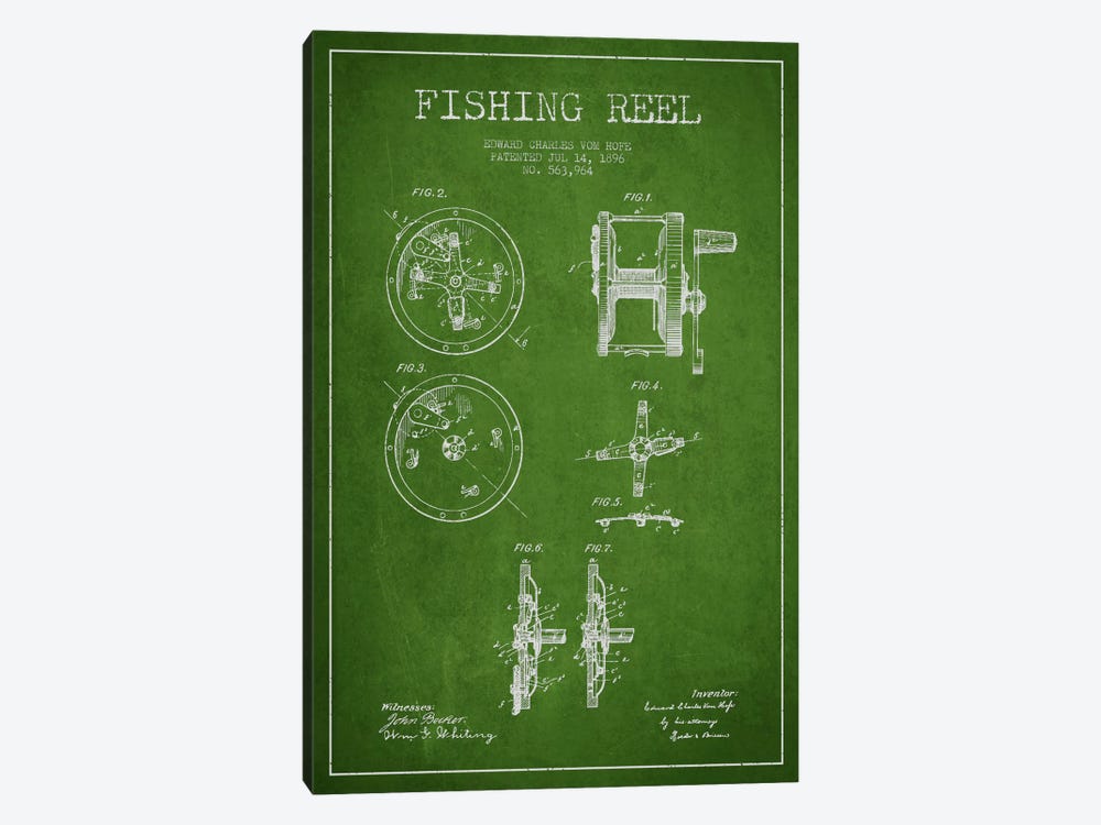 Fishing Reel Green Patent Blueprint by Aged Pixel 1-piece Art Print