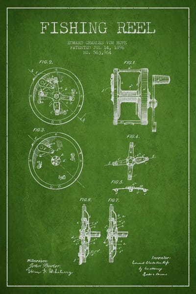 Sports Blueprints: Fishing Reel Green Patent Blueprint by Aged Pixel