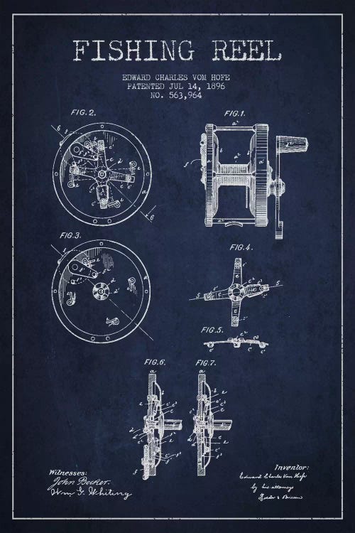 Fishing Reel Navy Blue Patent Blueprint by Aged Pixel wall art