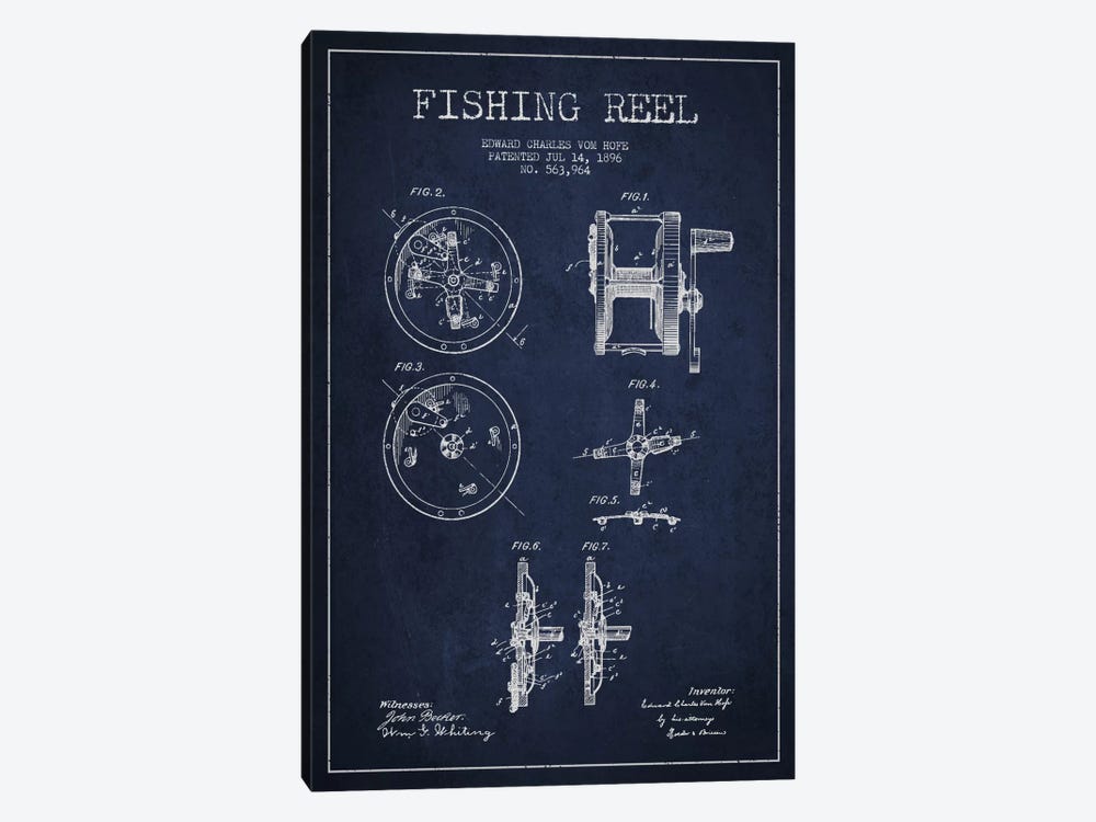 Fishing Reel Navy Blue Patent Blueprint by Aged Pixel 1-piece Canvas Wall Art