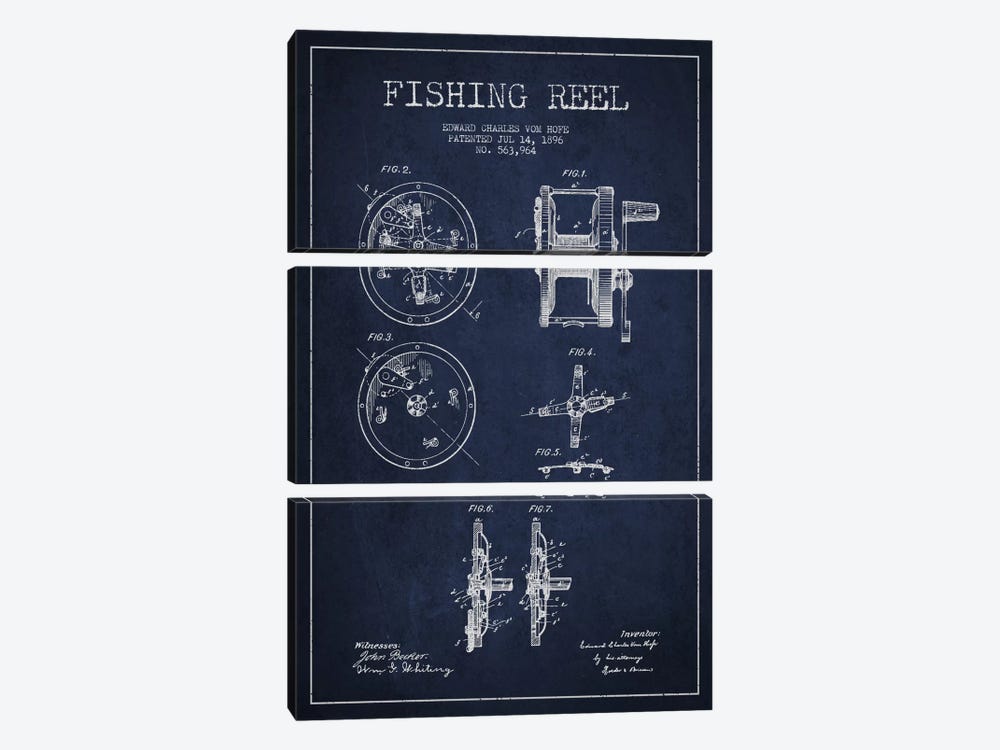 Fishing Reel Navy Blue Patent Blueprint by Aged Pixel 3-piece Canvas Art