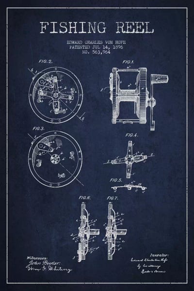 Fishing: Fishing Reel Navy Blue Patent Blueprint by Aged Pixel
