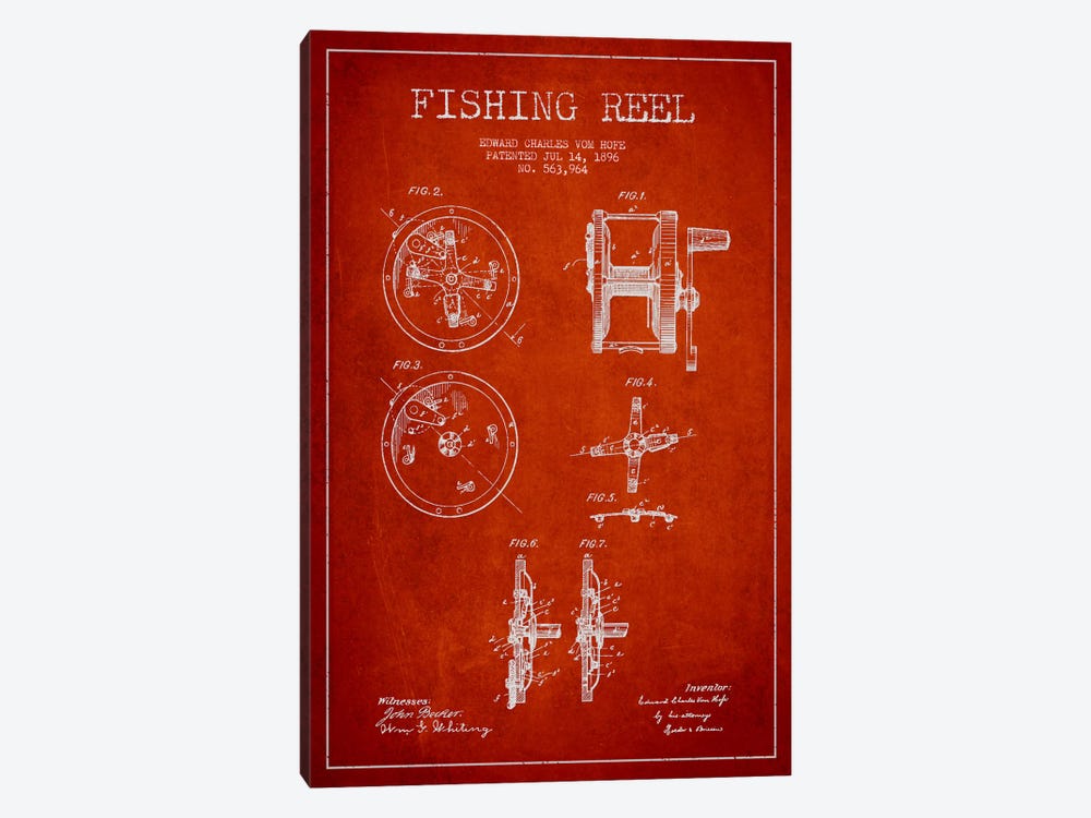 Fishing Reel Red Patent Blueprint by Aged Pixel 1-piece Canvas Print
