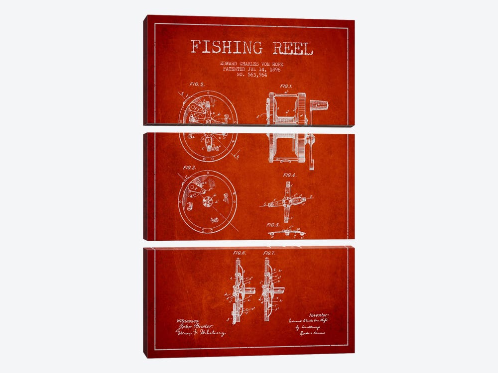 Fishing Reel Red Patent Blueprint by Aged Pixel 3-piece Canvas Art Print