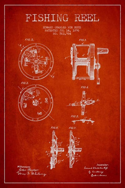 Sports Blueprints: Fishing Reel Red Patent Blueprint by Aged Pixel