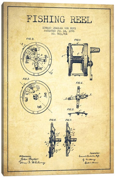 Fishing Reel Vintage Patent Blueprint Canvas Art Print - Sports Blueprints