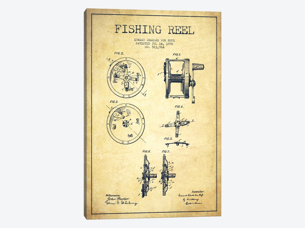 Fishing Reel Vintage Patent Blueprint by Aged Pixel 1-piece Canvas Artwork