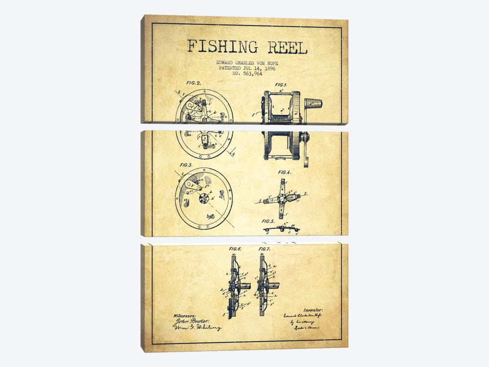 Fishing Reel Vintage Patent Blueprint by Aged Pixel 3-piece Canvas Artwork