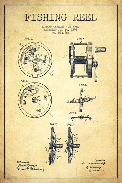 Sports Blueprints: Fishing Reel Vintage Patent Blueprint by Aged Pixel