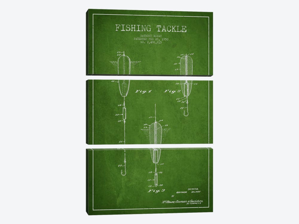 Fishing Tackle Green Patent Blueprint by Aged Pixel 3-piece Canvas Wall Art