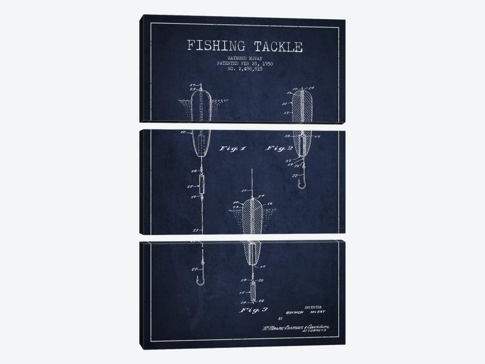 Fishing Tackle Navy Blue Patent Blueprint by Aged Pixel 3-piece Art Print