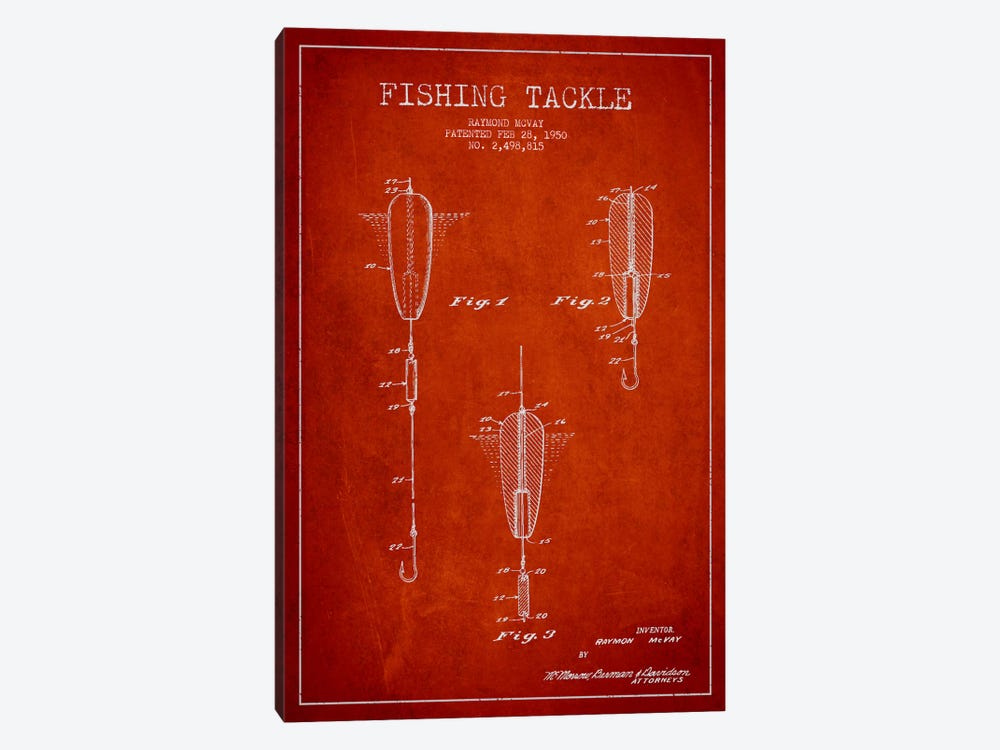 Fishing Tackle Red Patent Blueprint by Aged Pixel 1-piece Canvas Art