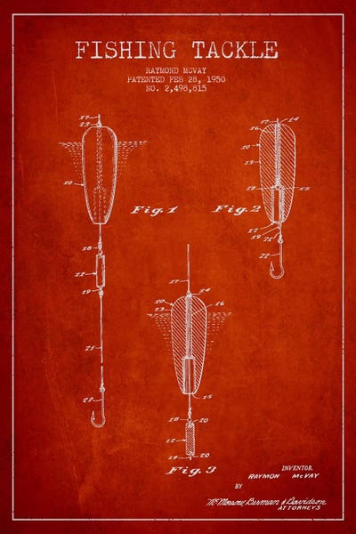 Fishing: Fishing Tackle Red Patent Blueprint by Aged Pixel