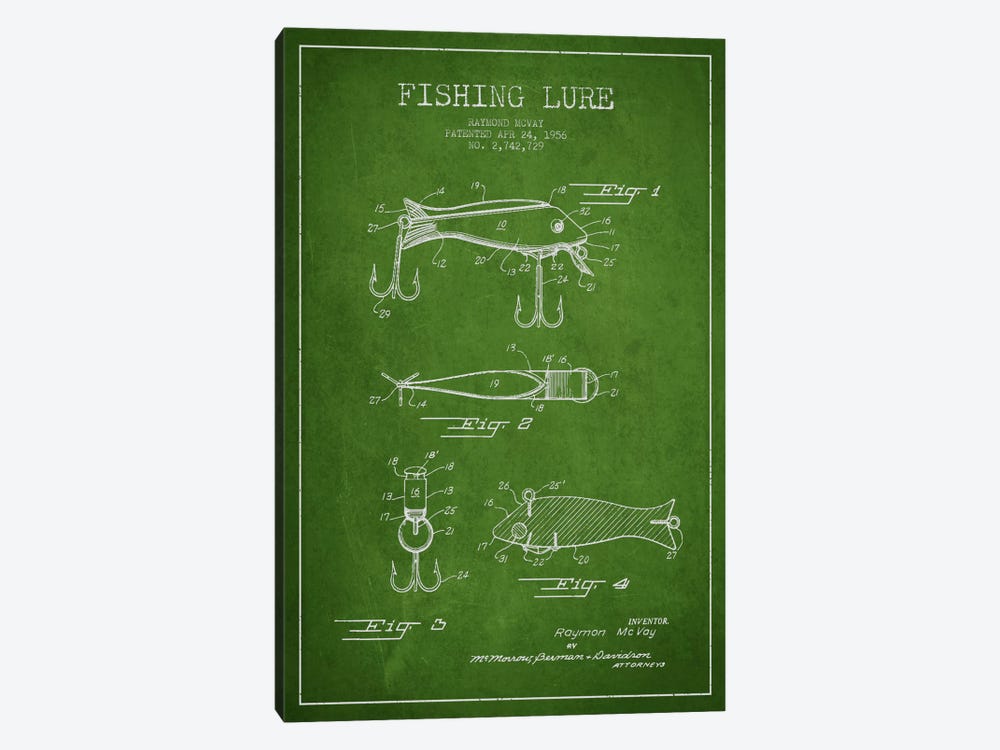 Fishing Tackle Green Patent Blueprint by Aged Pixel 1-piece Canvas Art