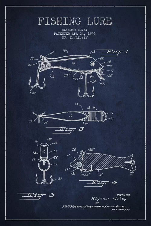 Fishing Tackle Navy Blue Patent Blueprint by Aged Pixel wall art