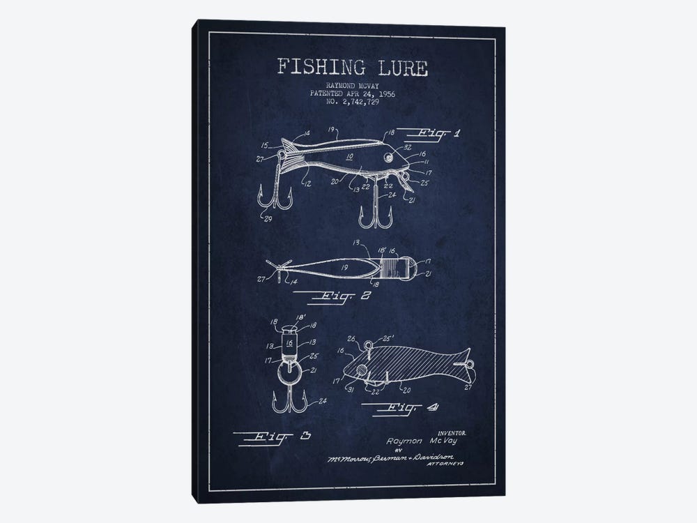 Fishing Tackle Navy Blue Patent Blueprint 1-piece Canvas Print
