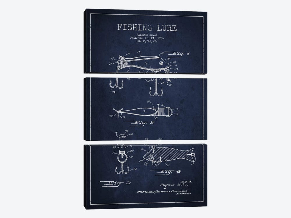 Fishing Tackle Navy Blue Patent Blueprint by Aged Pixel 3-piece Canvas Print