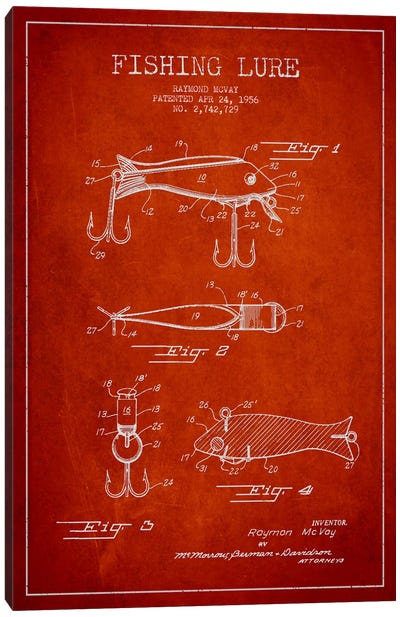 Fishing Tackle Red Patent Blueprint Canvas Art Print - Aged Pixel: Sports