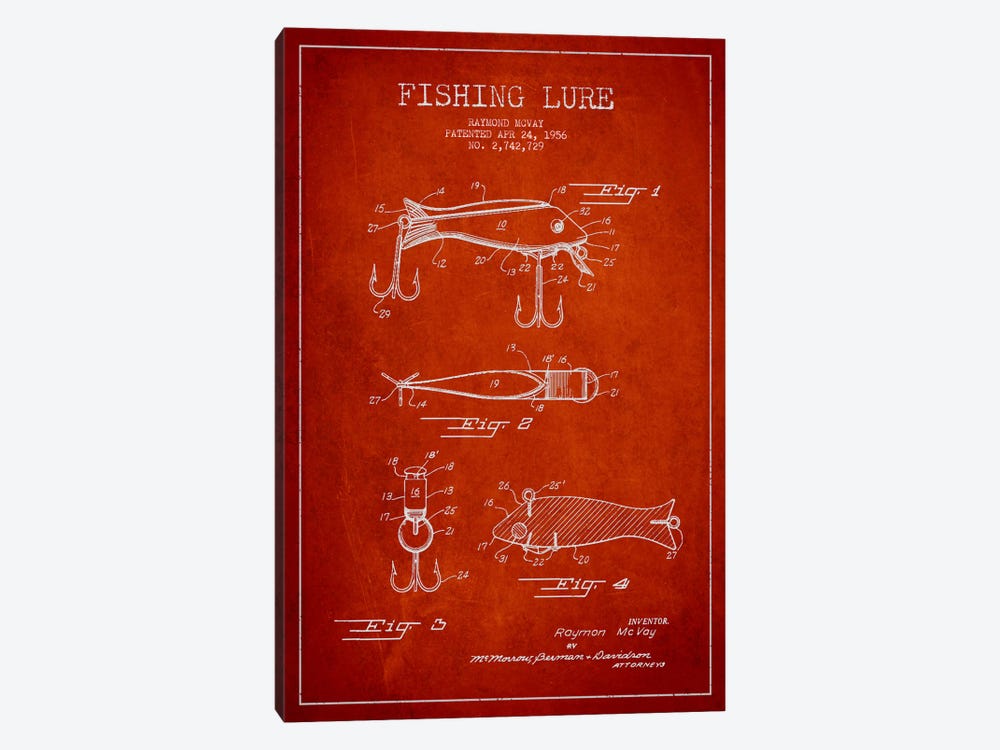 Fishing Tackle Red Patent Blueprint by Aged Pixel 1-piece Canvas Art