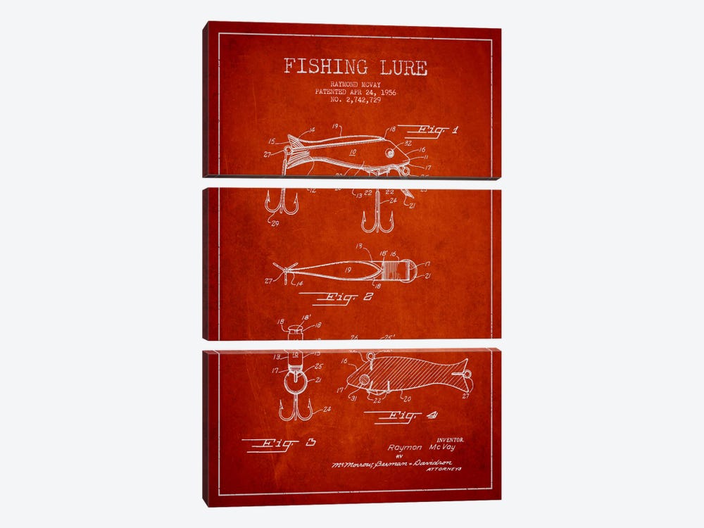 Fishing Tackle Red Patent Blueprint by Aged Pixel 3-piece Canvas Wall Art