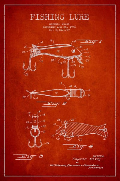 Fishing: Fishing Tackle Red Patent Blueprint by Aged Pixel