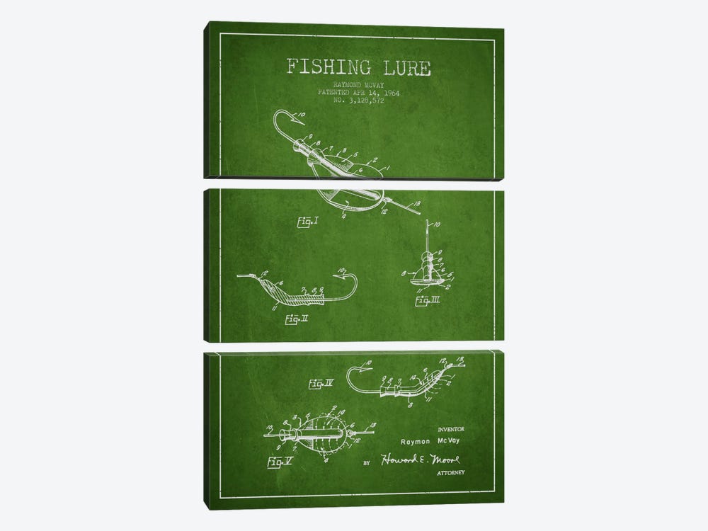 Fishing Tackle Green Patent Blueprint by Aged Pixel 3-piece Art Print