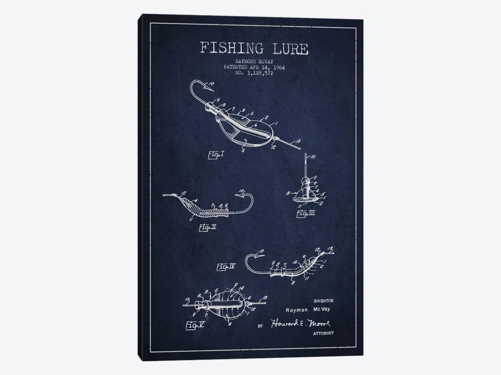 Fishing Tackle Navy Blue Patent Blueprint by Aged Pixel 1-piece Canvas Artwork