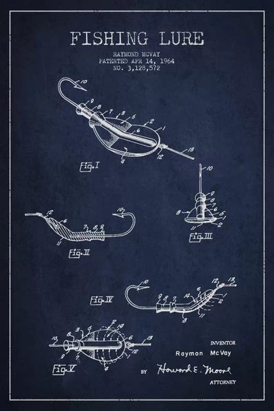 Fishing: Fishing Tackle Navy Blue Patent Blueprint by Aged Pixel