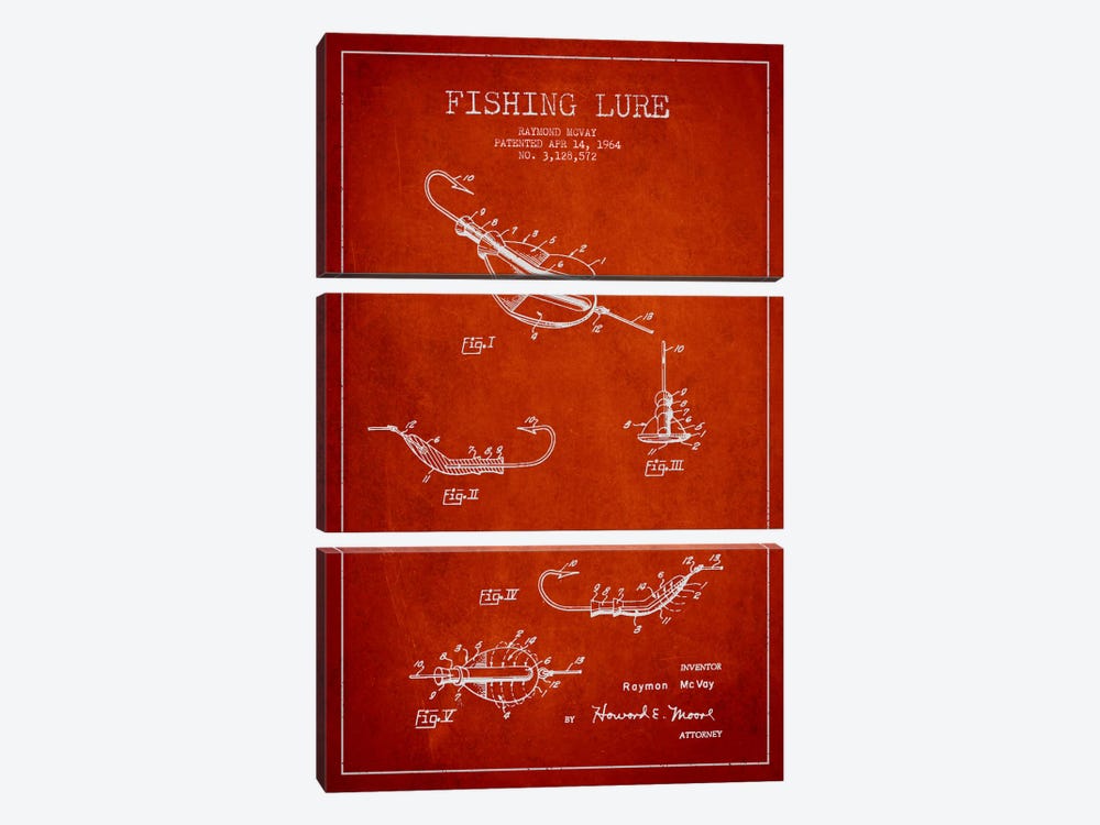 Fishing Tackle Red Patent Blueprint by Aged Pixel 3-piece Art Print