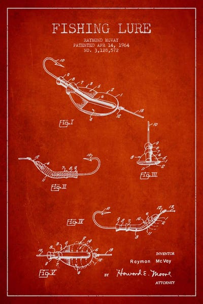 Fishing: Fishing Tackle Red Patent Blueprint by Aged Pixel