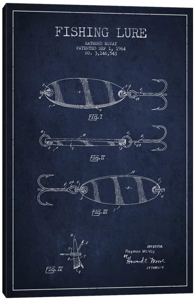 Fishing Tackle Navy Blue Patent Blueprint Canvas Art Print - Fishing Art