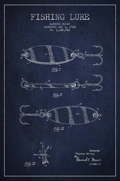 Fishing: Fishing Tackle Navy Blue Patent Blueprint by Aged Pixel