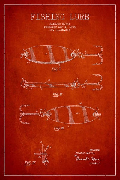 Fishing: Fishing Tackle Red Patent Blueprint by Aged Pixel