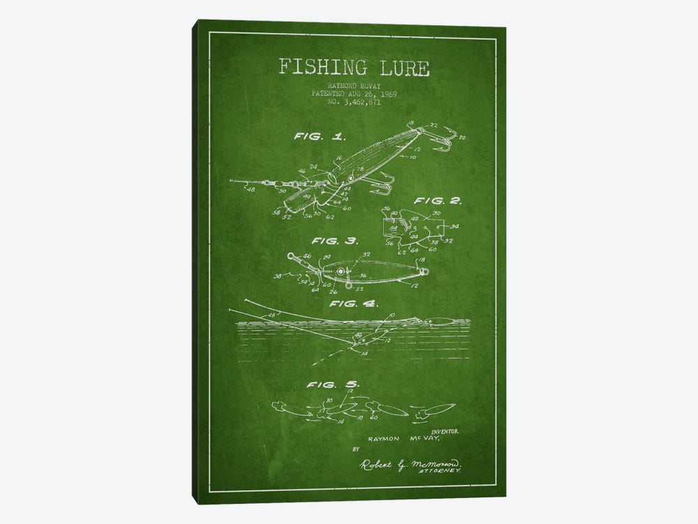 Fishing Tackle Green Patent Blueprint by Aged Pixel 1-piece Canvas Artwork
