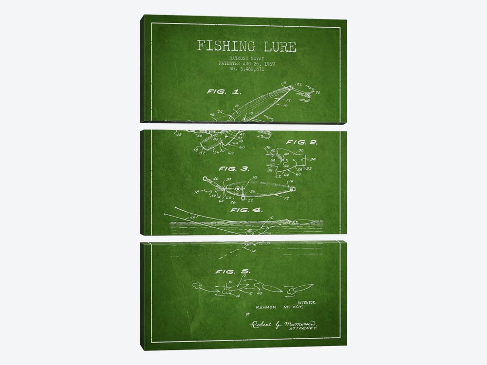 Fishing Tackle Green Patent Blueprint by Aged Pixel 3-piece Canvas Artwork