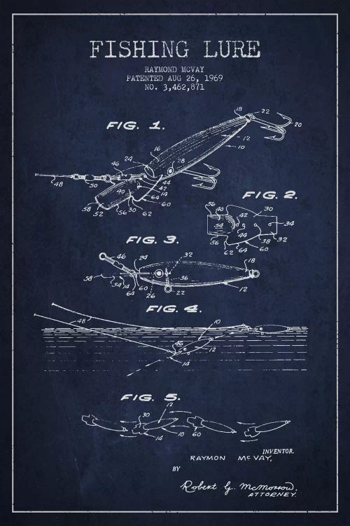 Fishing Tackle Navy Blue Patent Blueprint by Aged Pixel wall art