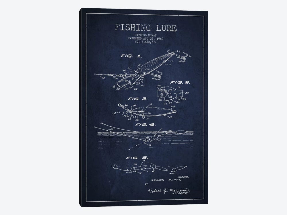 Fishing Tackle Navy Blue Patent Blueprint by Aged Pixel 1-piece Art Print