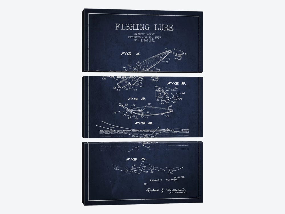 Fishing Tackle Navy Blue Patent Blueprint by Aged Pixel 3-piece Art Print