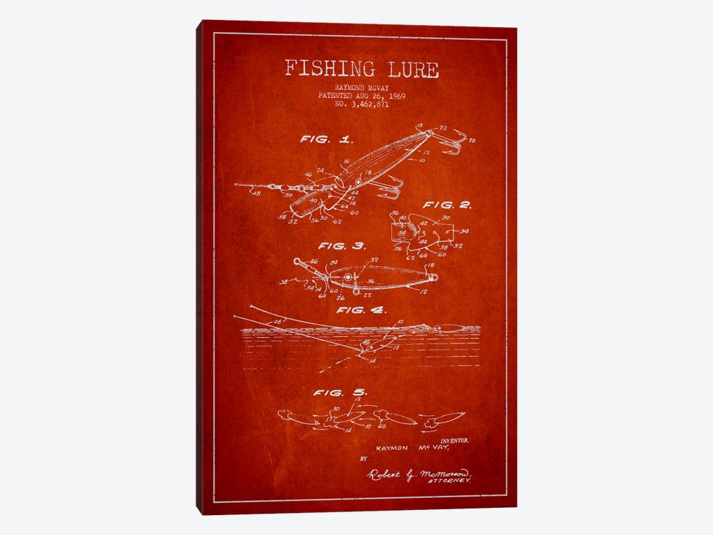 Fishing Tackle Red Patent Blueprint by Aged Pixel 1-piece Canvas Wall Art