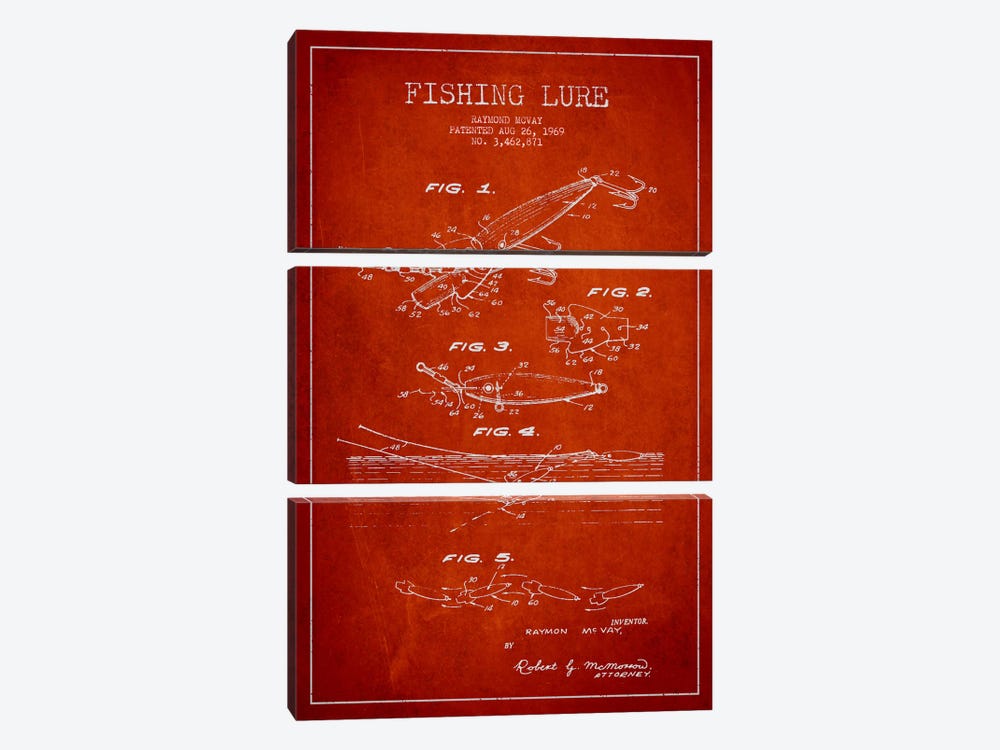 Fishing Tackle Red Patent Blueprint by Aged Pixel 3-piece Canvas Art