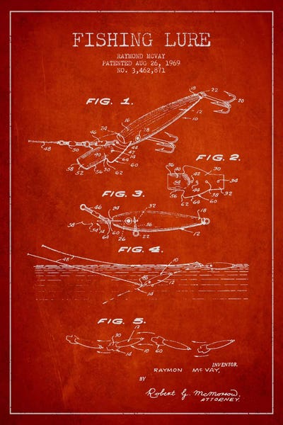 Fishing: Fishing Tackle Red Patent Blueprint by Aged Pixel