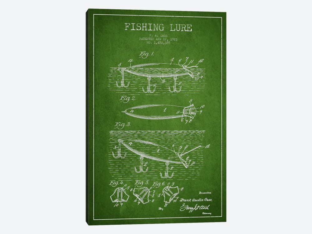 Fishing Tackle Green Patent Blueprint by Aged Pixel 1-piece Canvas Wall Art