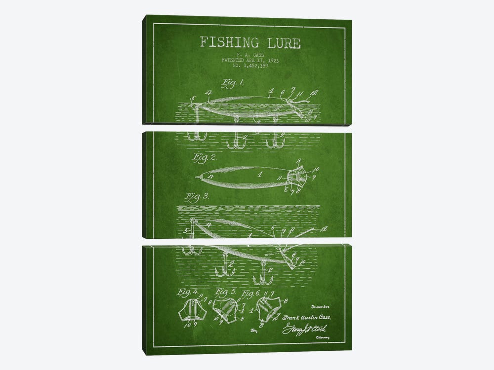 Fishing Tackle Green Patent Blueprint by Aged Pixel 3-piece Canvas Artwork