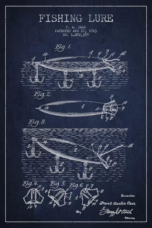 Fishing Tackle Navy Blue Patent Blueprint by Aged Pixel wall art