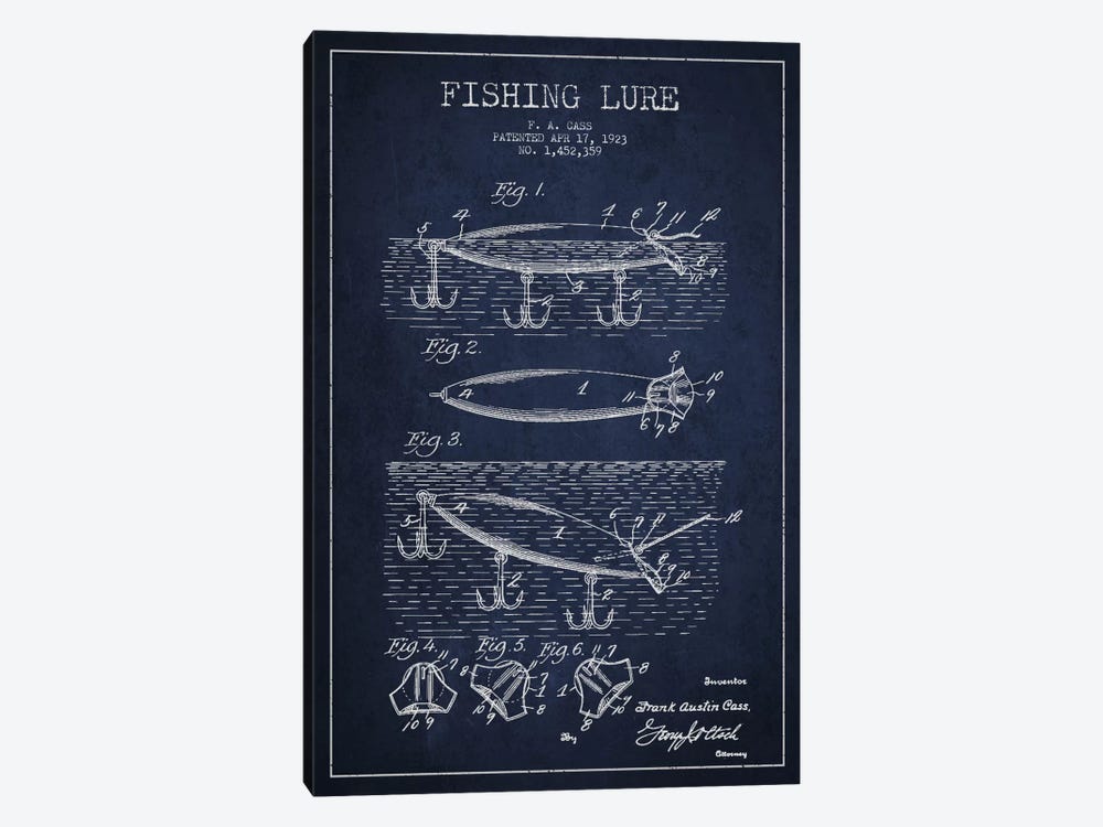 Fishing Tackle Navy Blue Patent Blueprint by Aged Pixel 1-piece Canvas Print