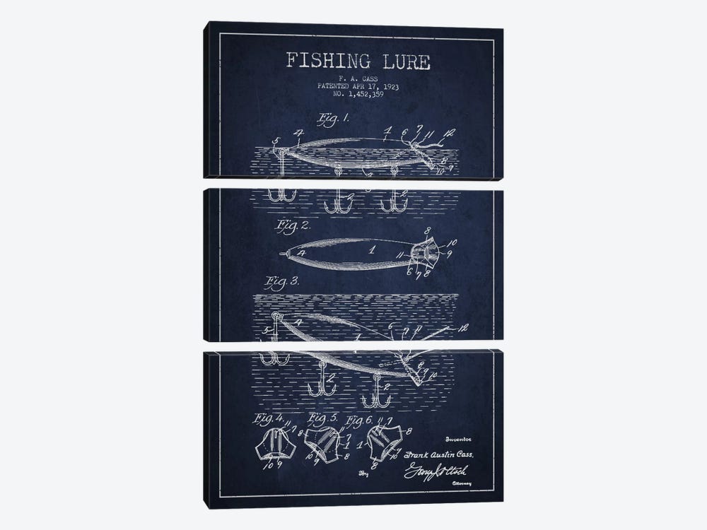 Fishing Tackle Navy Blue Patent Blueprint by Aged Pixel 3-piece Canvas Art Print