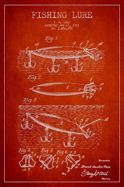 Fishing: Fishing Tackle Red Patent Blueprint by Aged Pixel